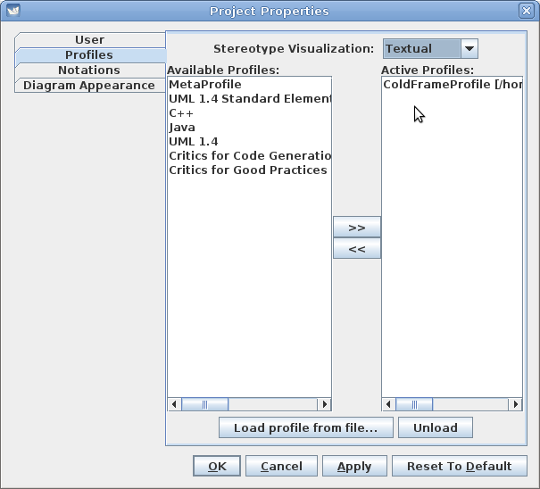 ArgoUML Project Properties/Profiles tab