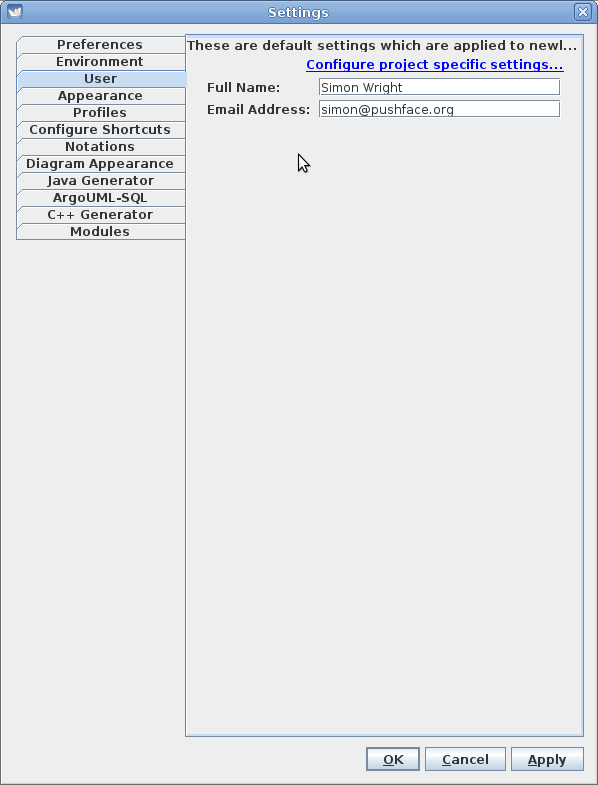 ArgoUML Edit/Settings/User tab